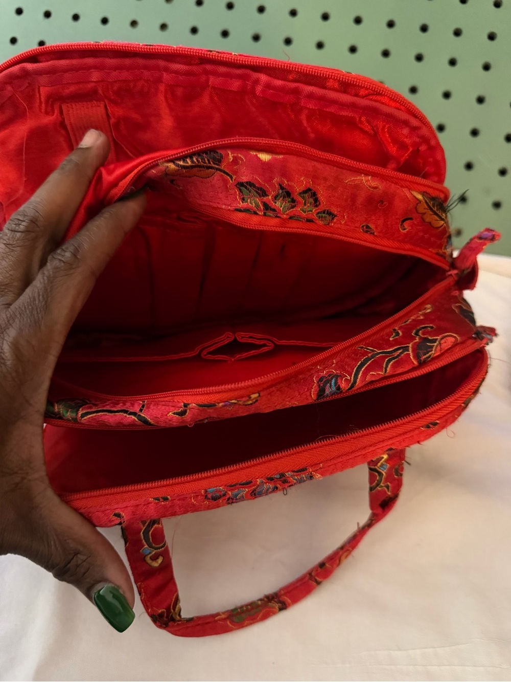 Red Floral Quilted Mini Handbag with Dual Zippers $15
